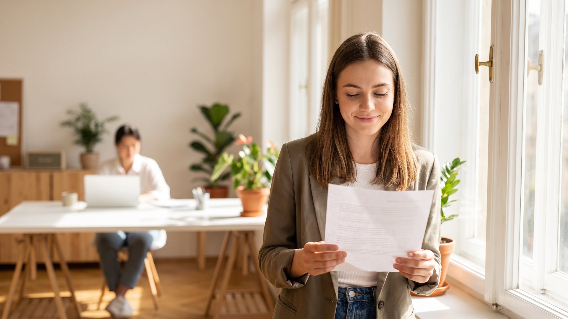 A young woman reading a printout by a window in a sunny office