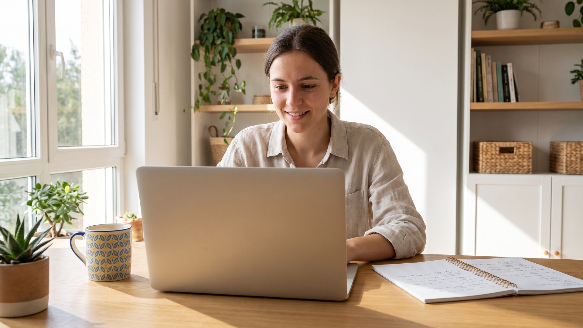 A smiling woman at a bright wooden desk in a sunny home office reads something on a laptop screen, with an open notebook and mug beside her
