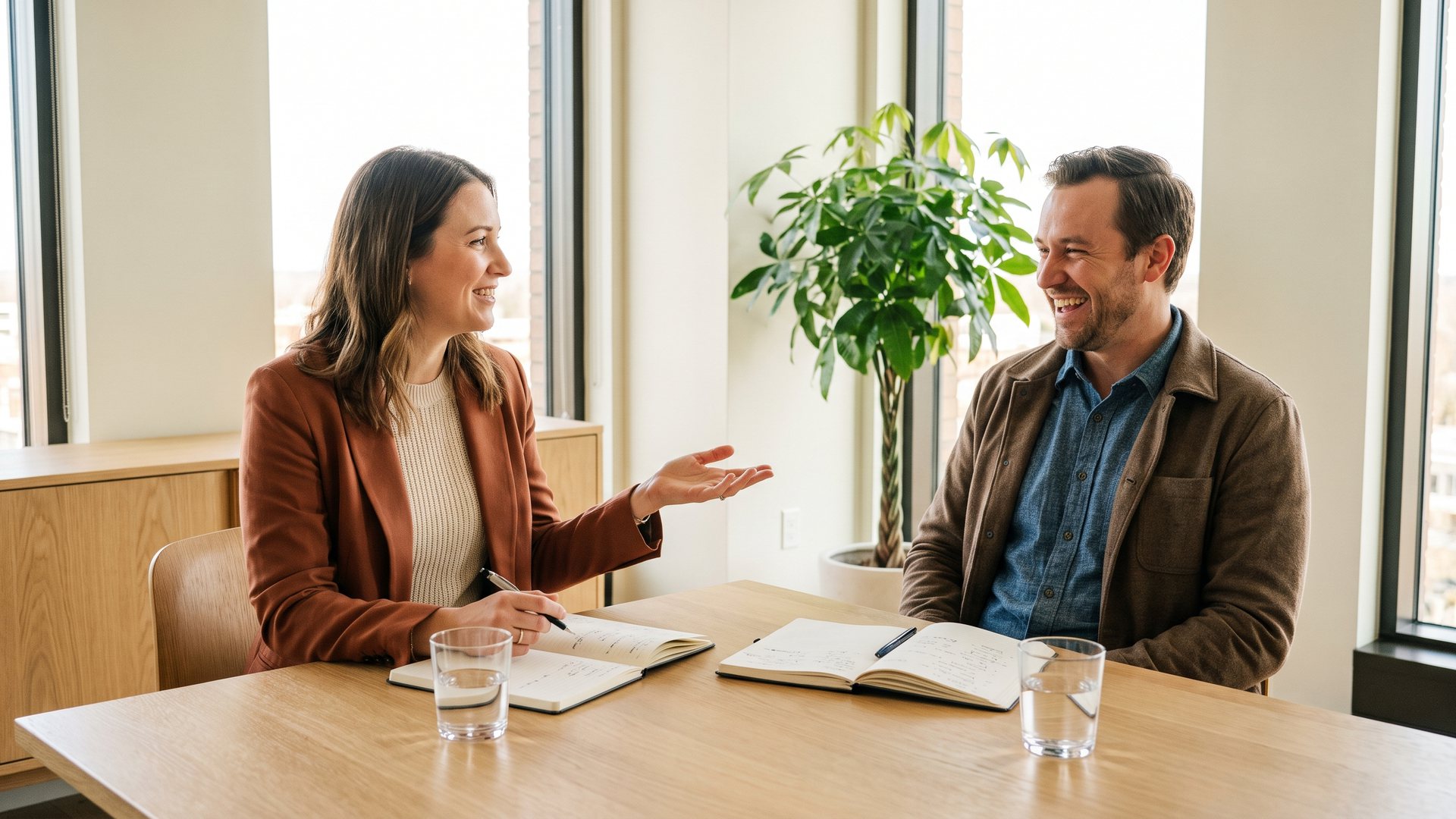 A woman and man talking at a bright table in a sunny office, both smiling, with open notebooks in front of them