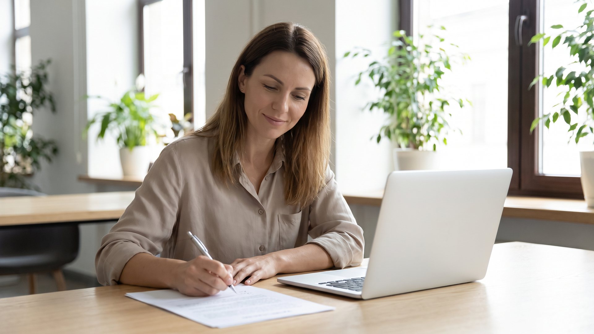 Woman checking a printed article with a pen at a desk in a sunny office