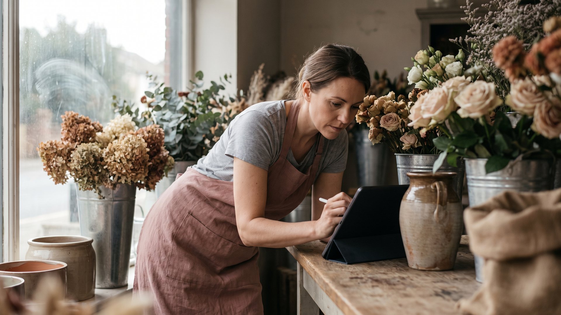 A woman in an apron writes something with a stylus on a tablet in a flower shop