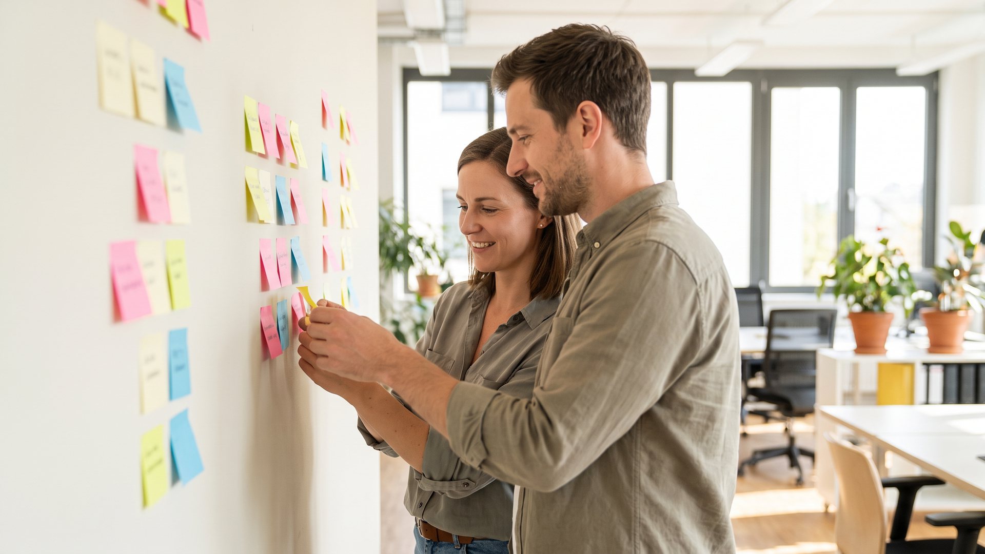 A woman and man arranging coloured sticky notes on a light wall in an office