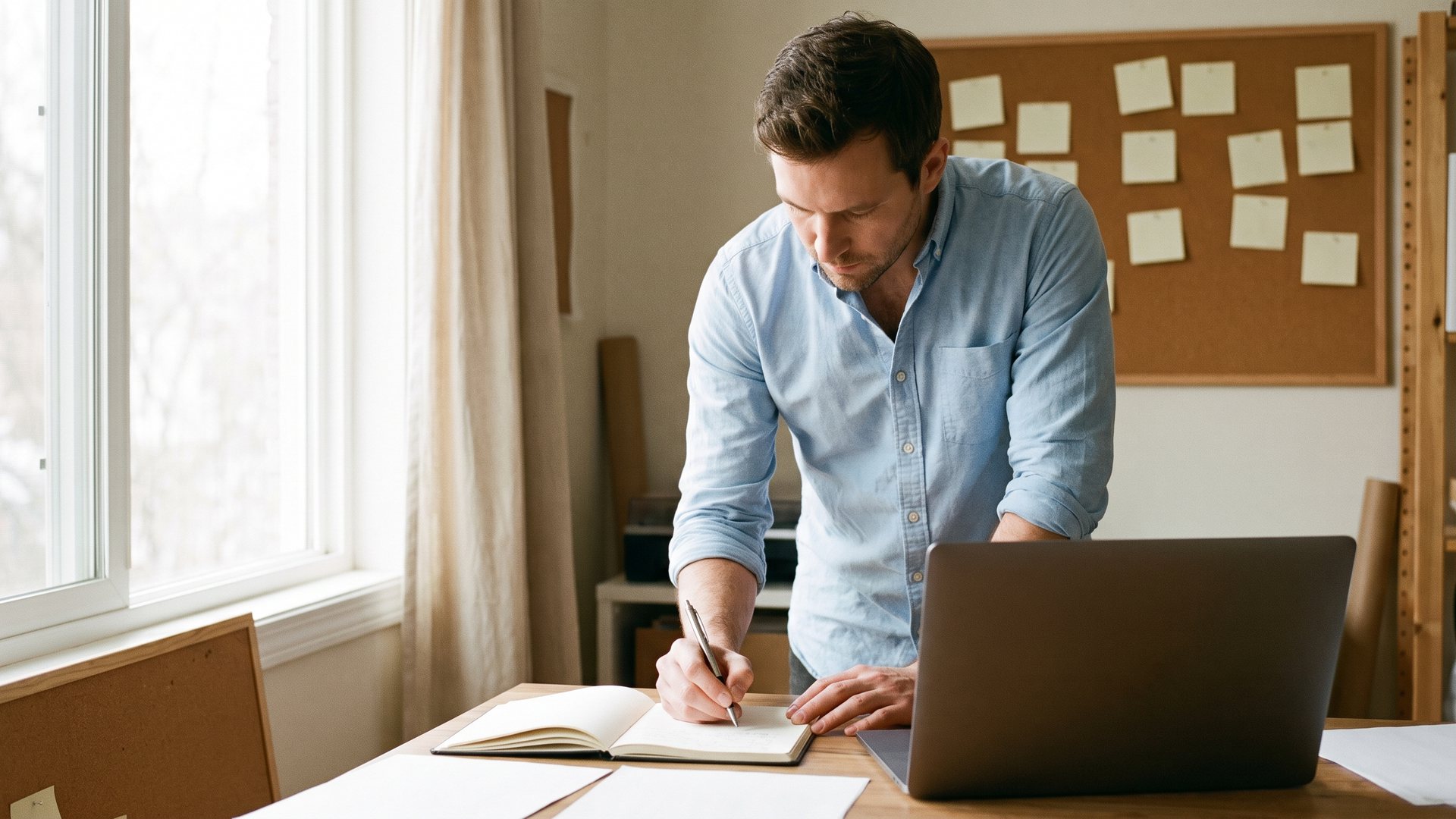 A man stands at a desk in a home office, writing a list of topics in a notebook next to a laptop, with a notice board full of sticky notes on the wall