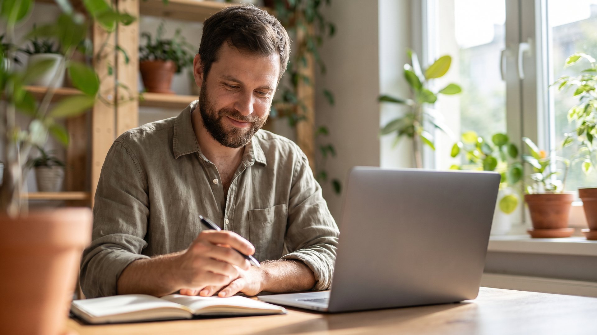 A man plans something in a notebook next to a laptop at a desk in a bright room
