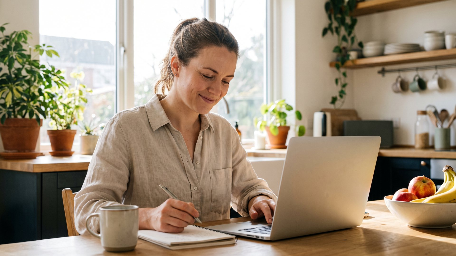 Young woman working in the morning at a laptop and notebook at a kitchen table in a sunny kitchen