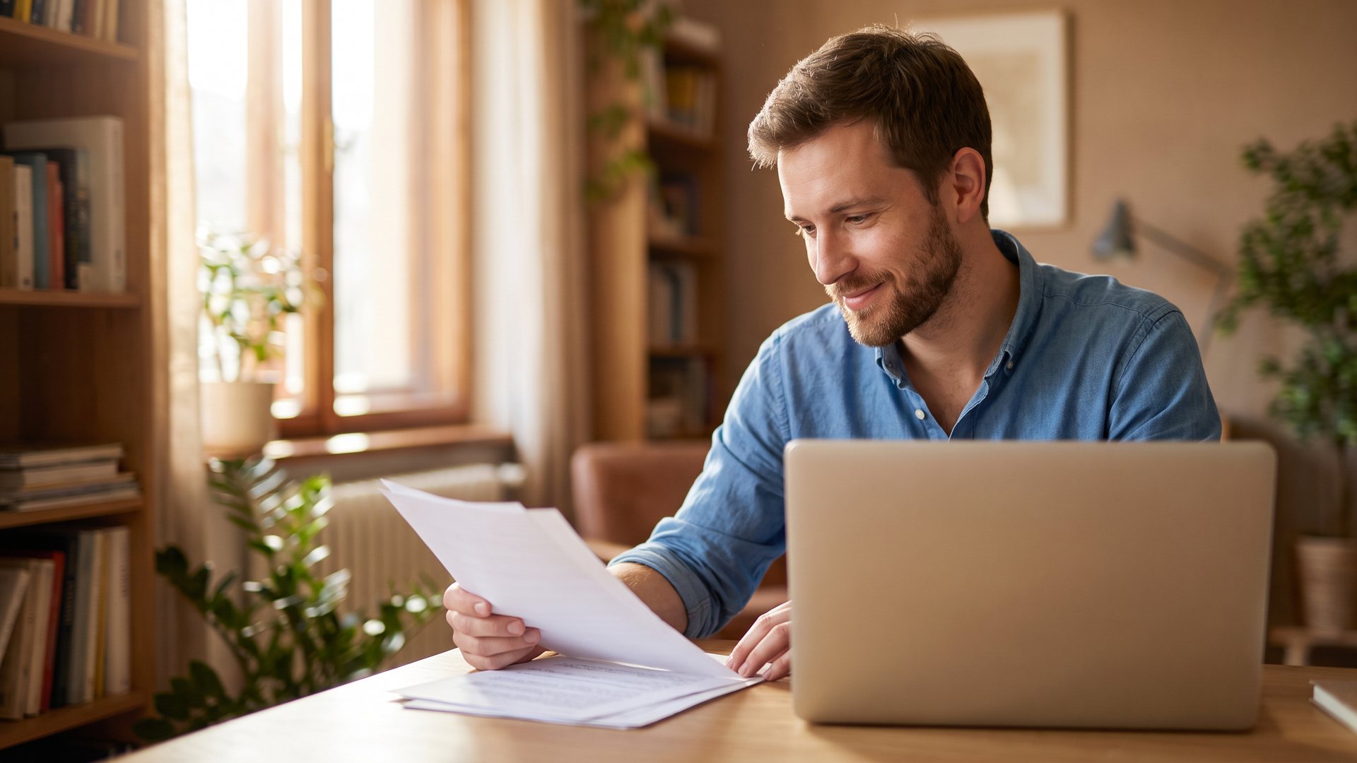 A man reviewing printouts of customer questions at a laptop in a sunny office