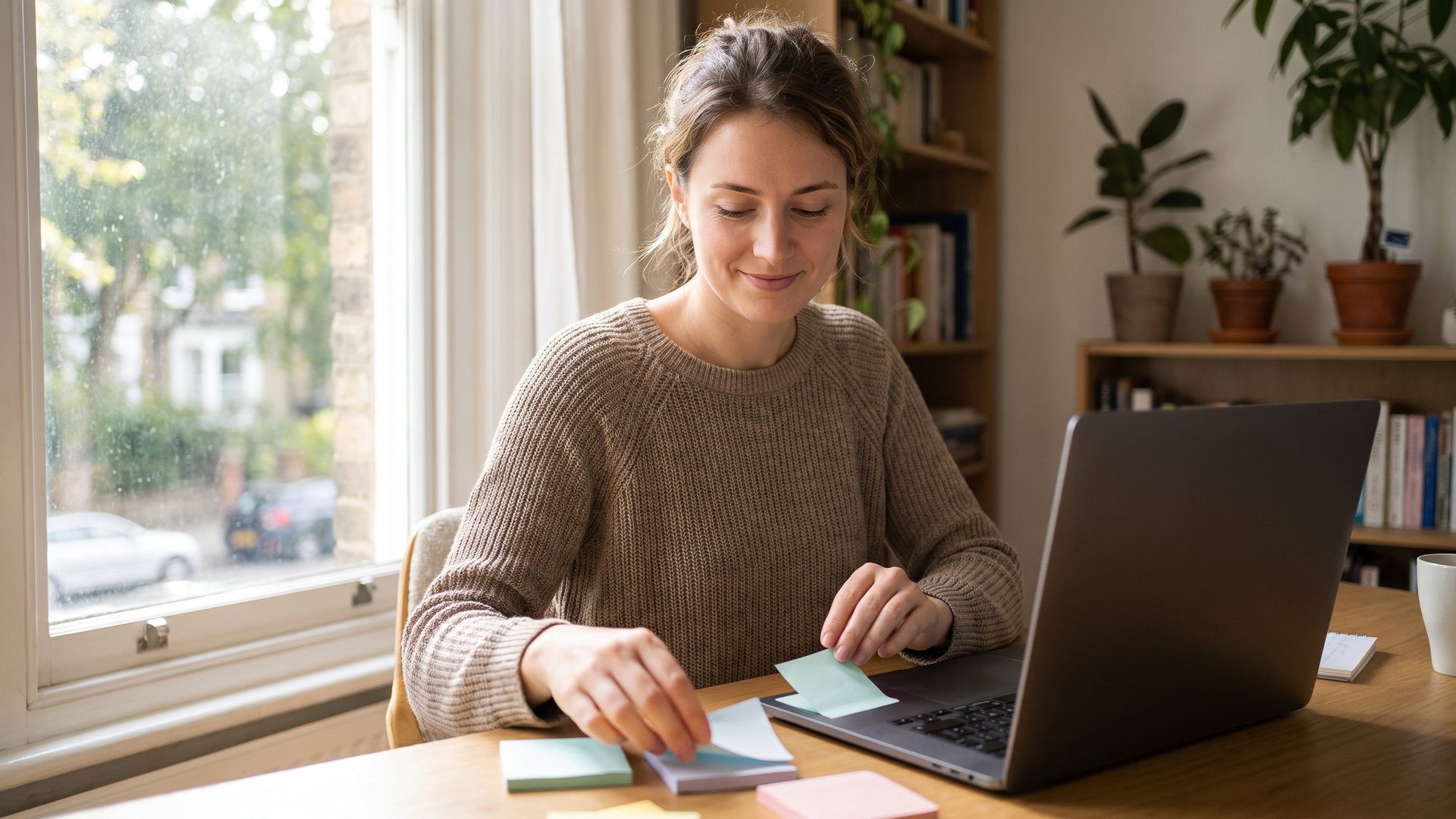 A young woman arranges sticky notes with client questions next to a laptop