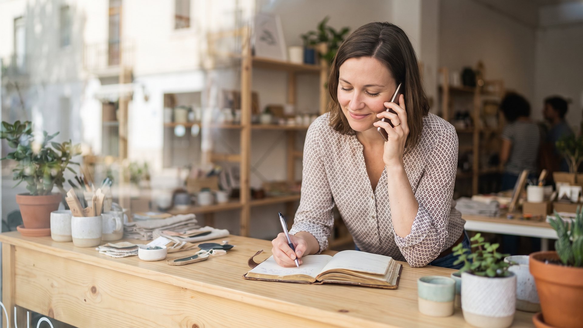 A shop owner talks on the phone and notes something at the till in a sunny shop