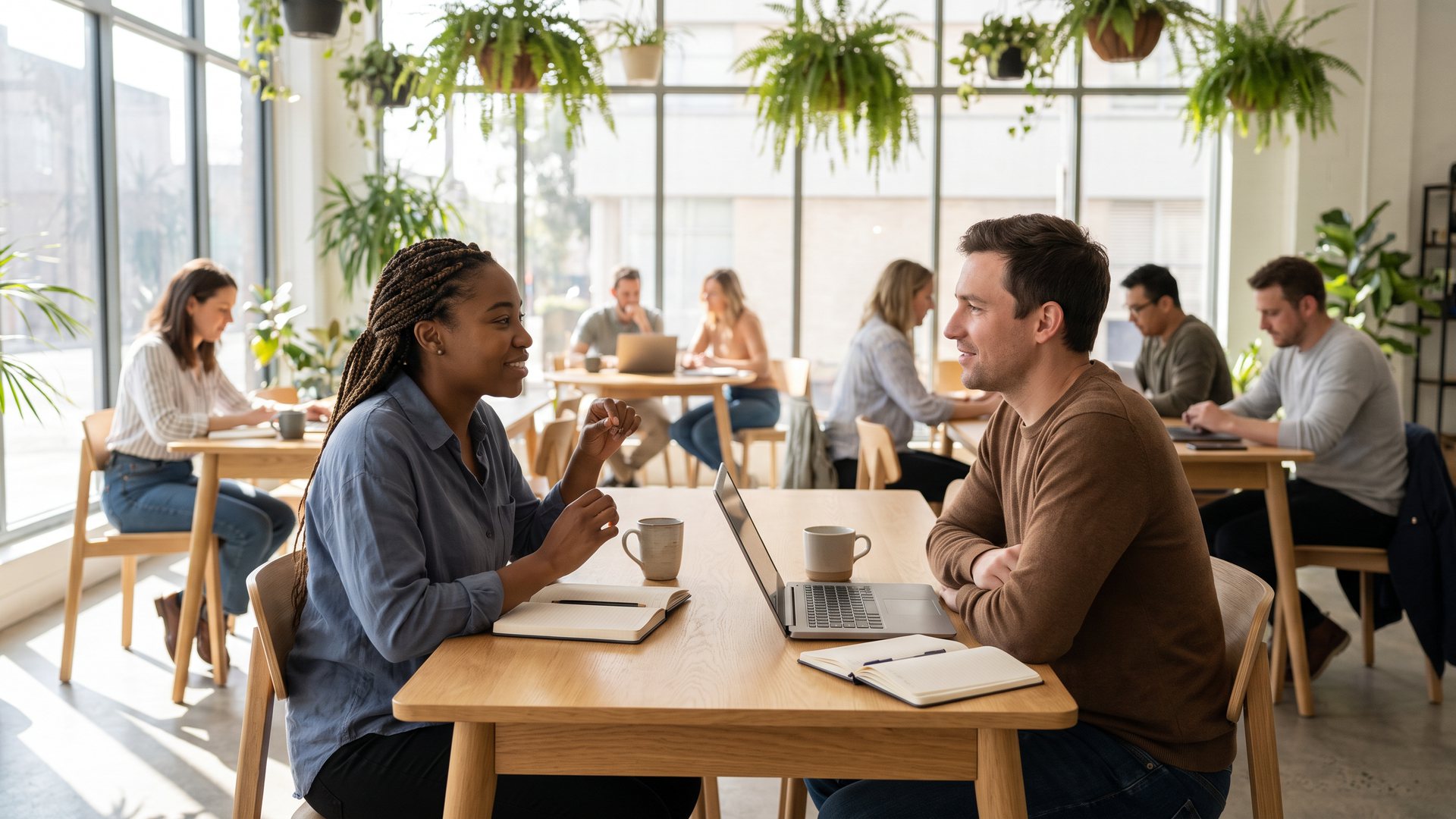 Two colleagues talking at a table in a sunny co-working space