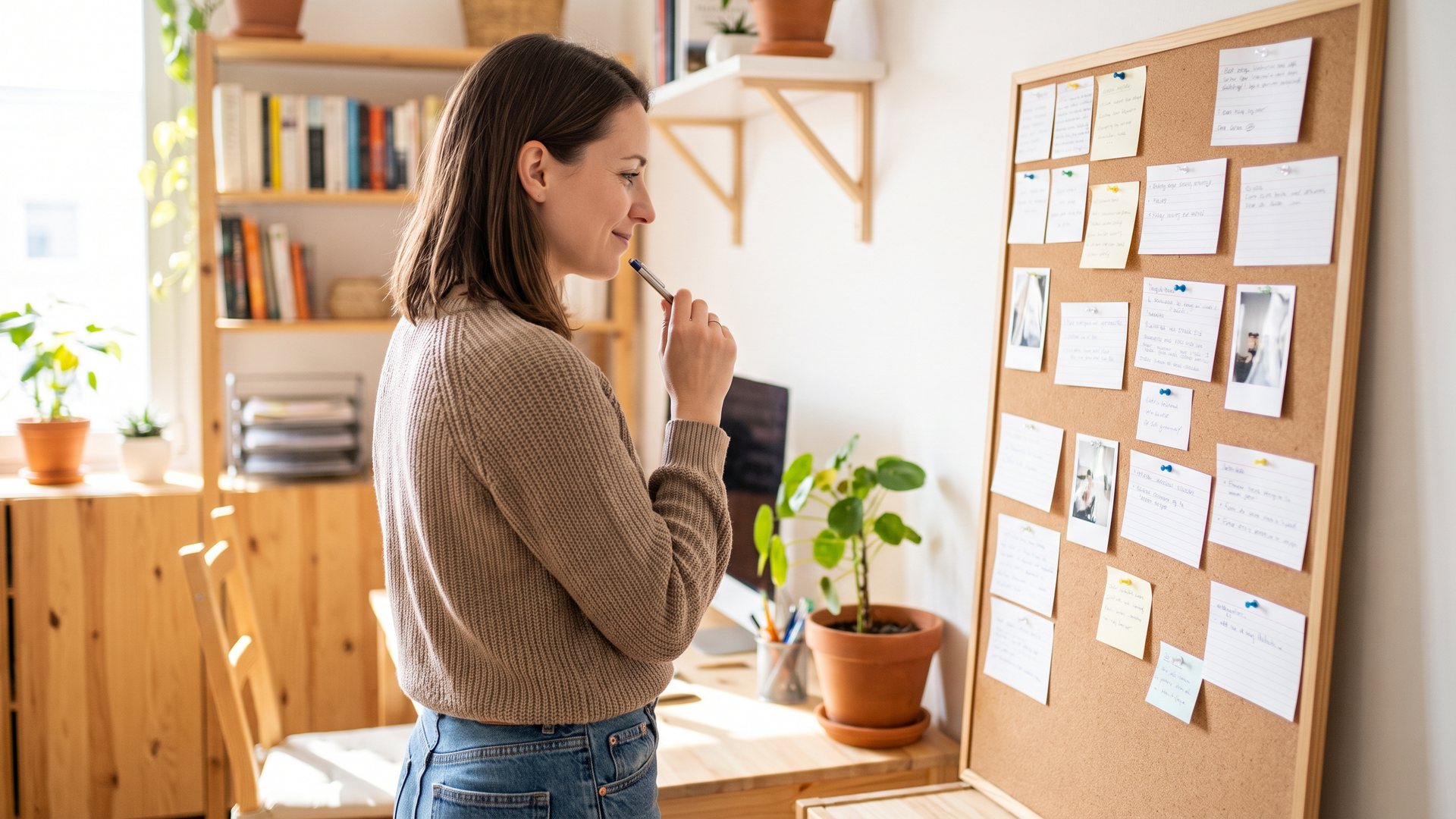 Woman planning article topics at a cork board with sticky notes
