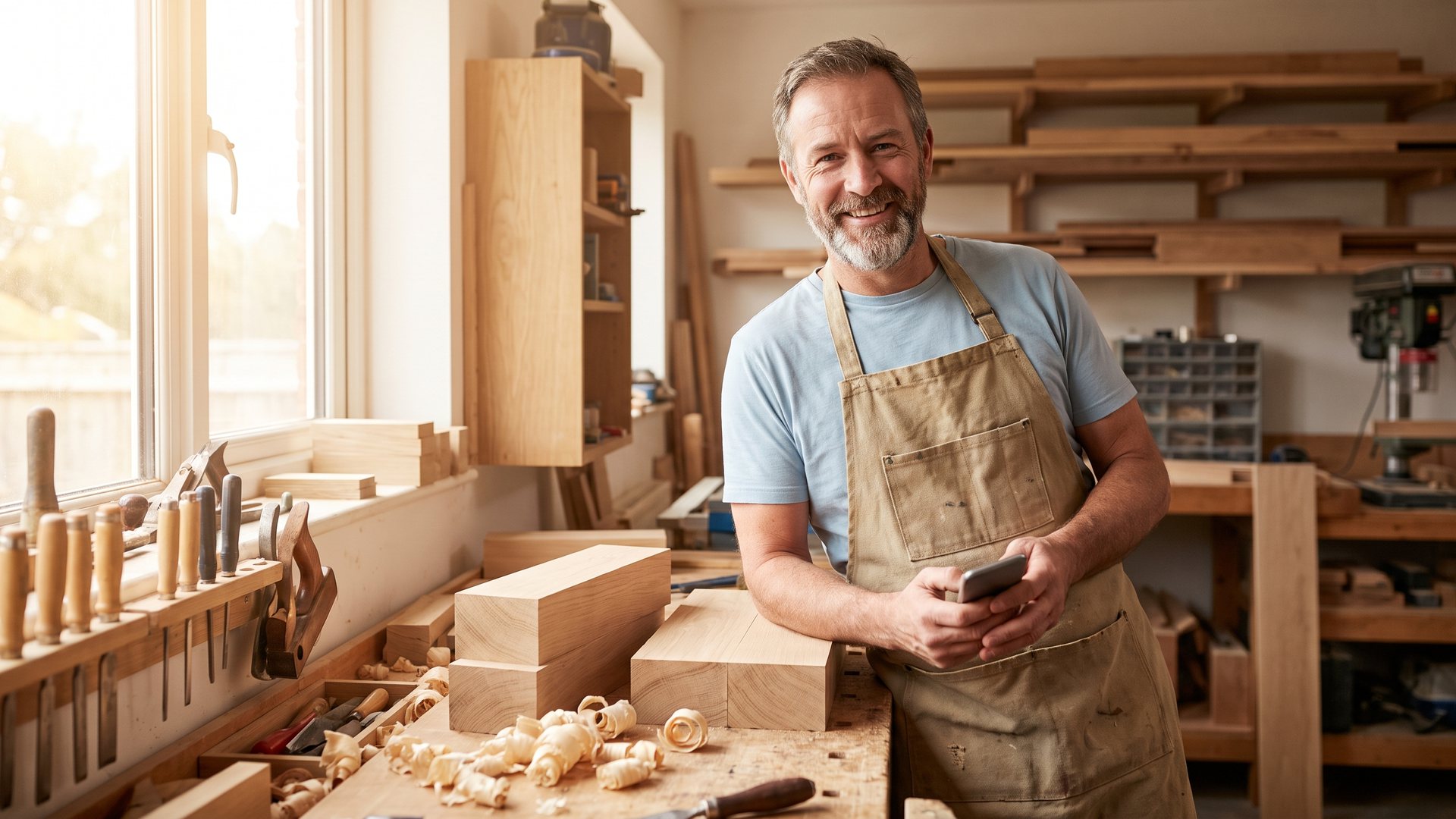 Smiling carpenter in a sand-coloured apron leaning against a workbench in a bright workshop, holding a phone