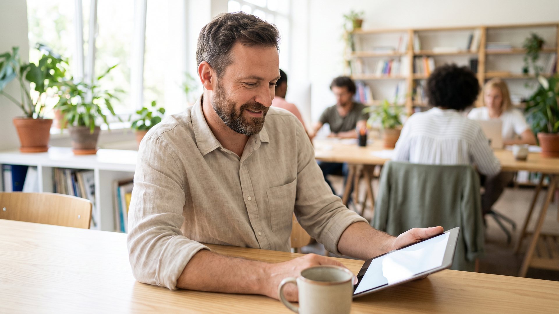 A man reads a document on a tablet at a desk in a sunny office