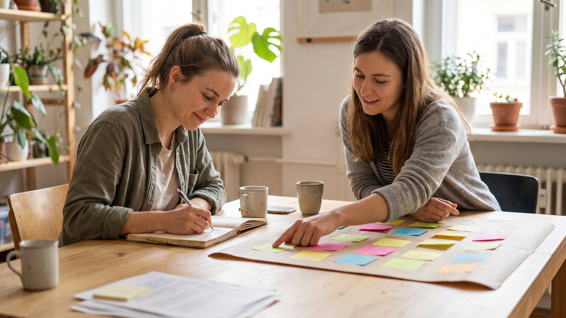 Two young women working together at a table with colourful sticky notes on a large sheet