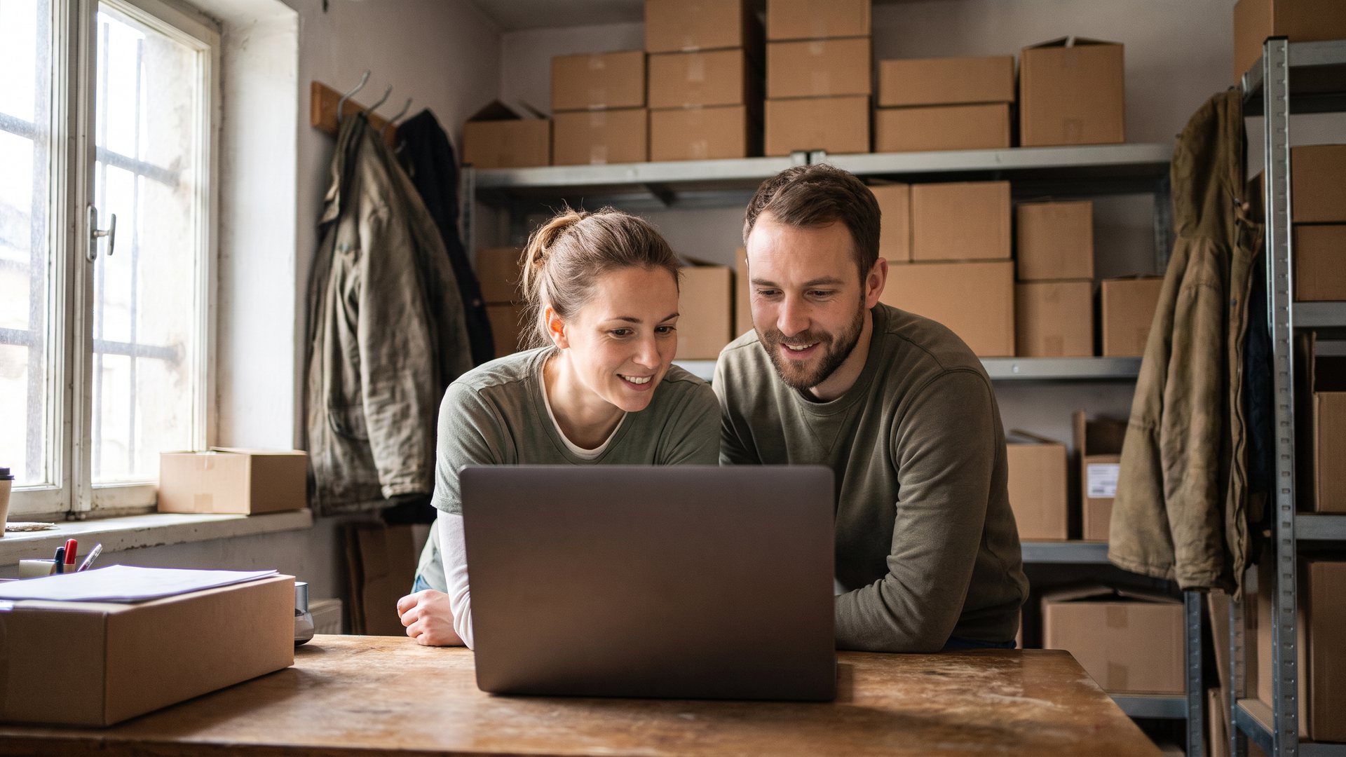 A woman and man look at a laptop together in the back room of a shop