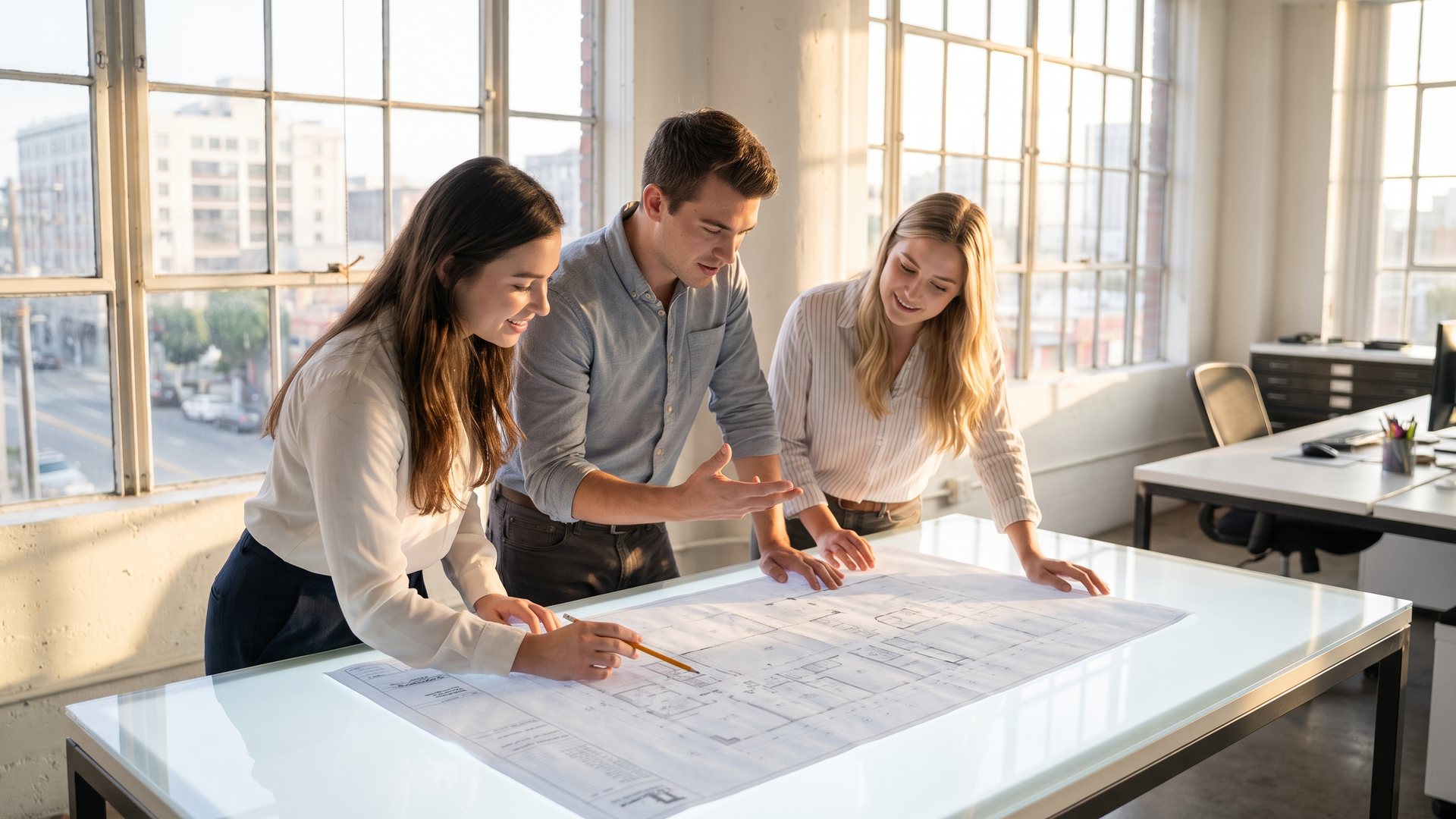 Three colleagues lean over a quarterly plan laid out on a table in a sunny office