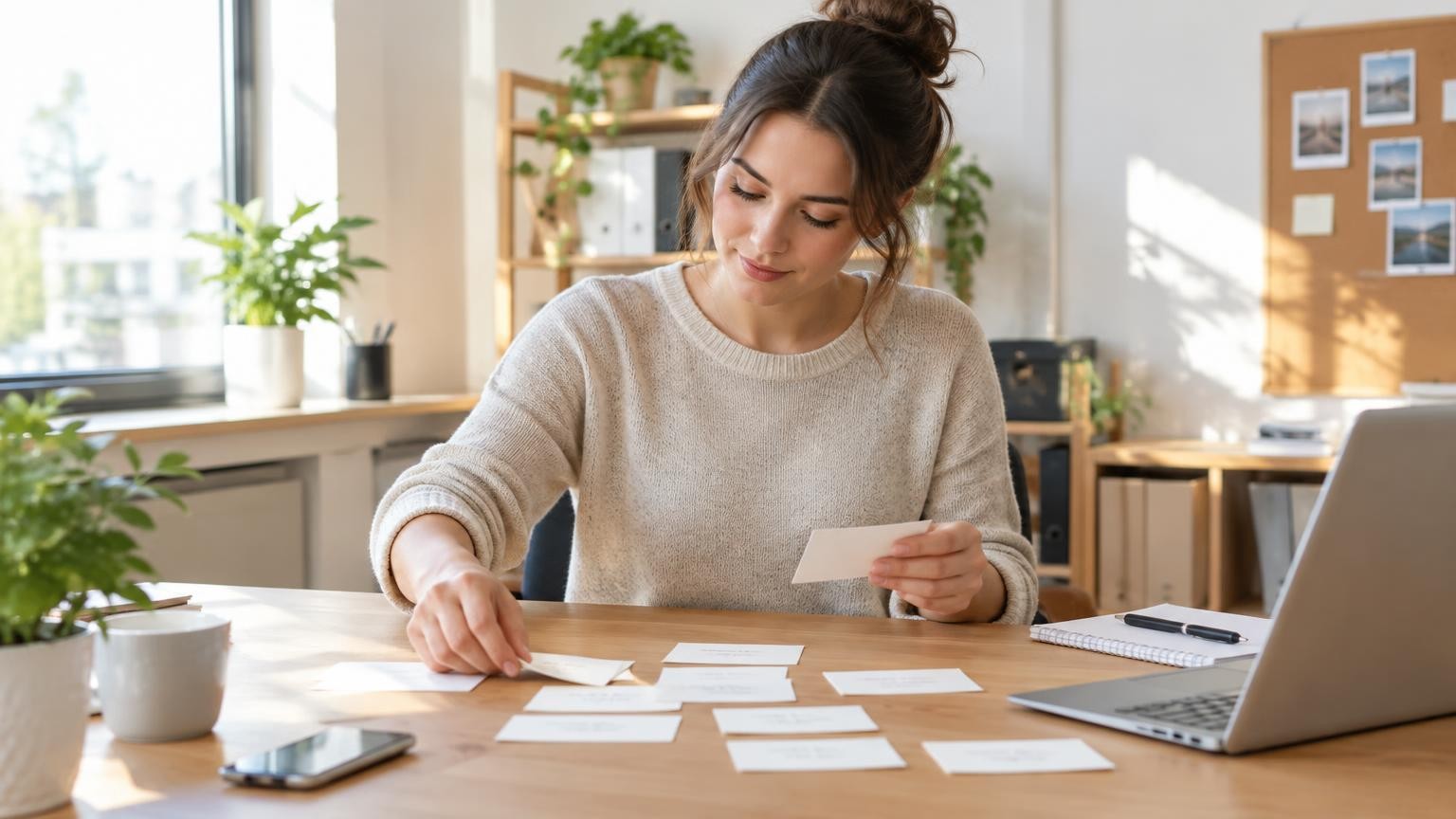 A young team member organises customer questions on sticky notes at a desk in a bright small business office, calm and focused