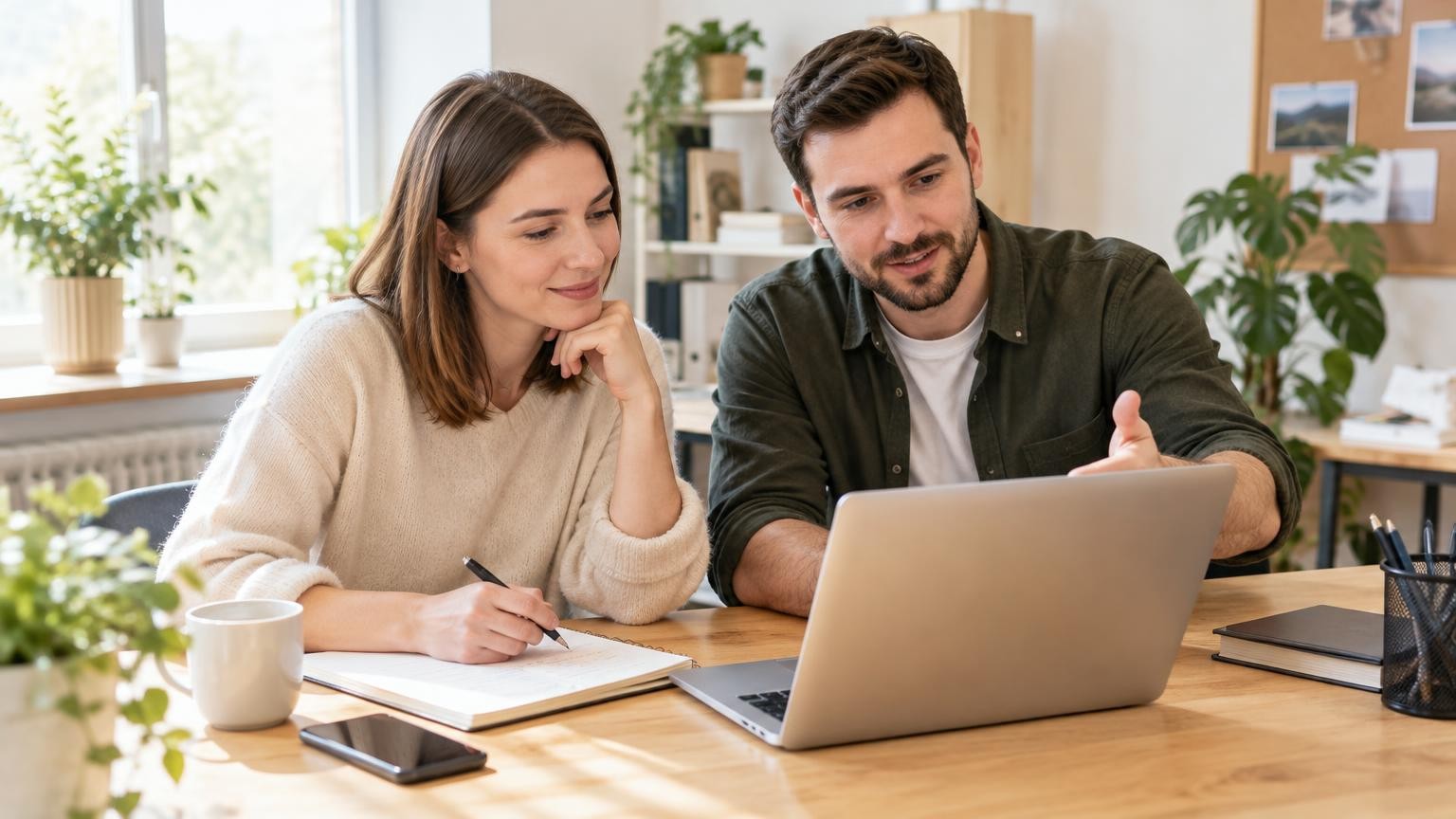 Two calm colleagues discuss customer questions at a laptop and notes in a bright small business office