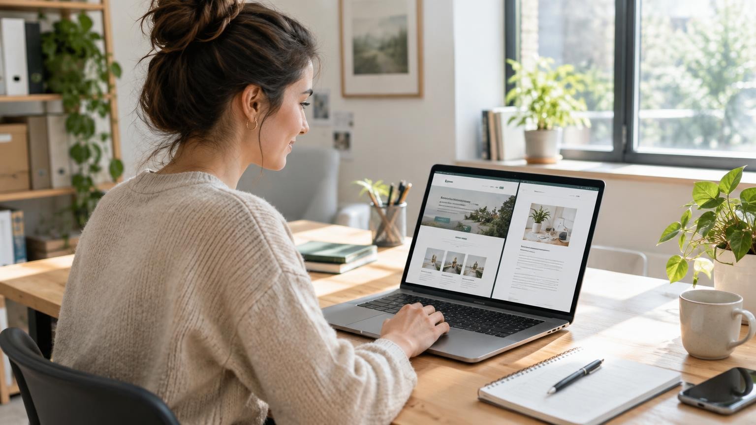 A young employee calmly checks the layout of page and article on a laptop in a bright small business office