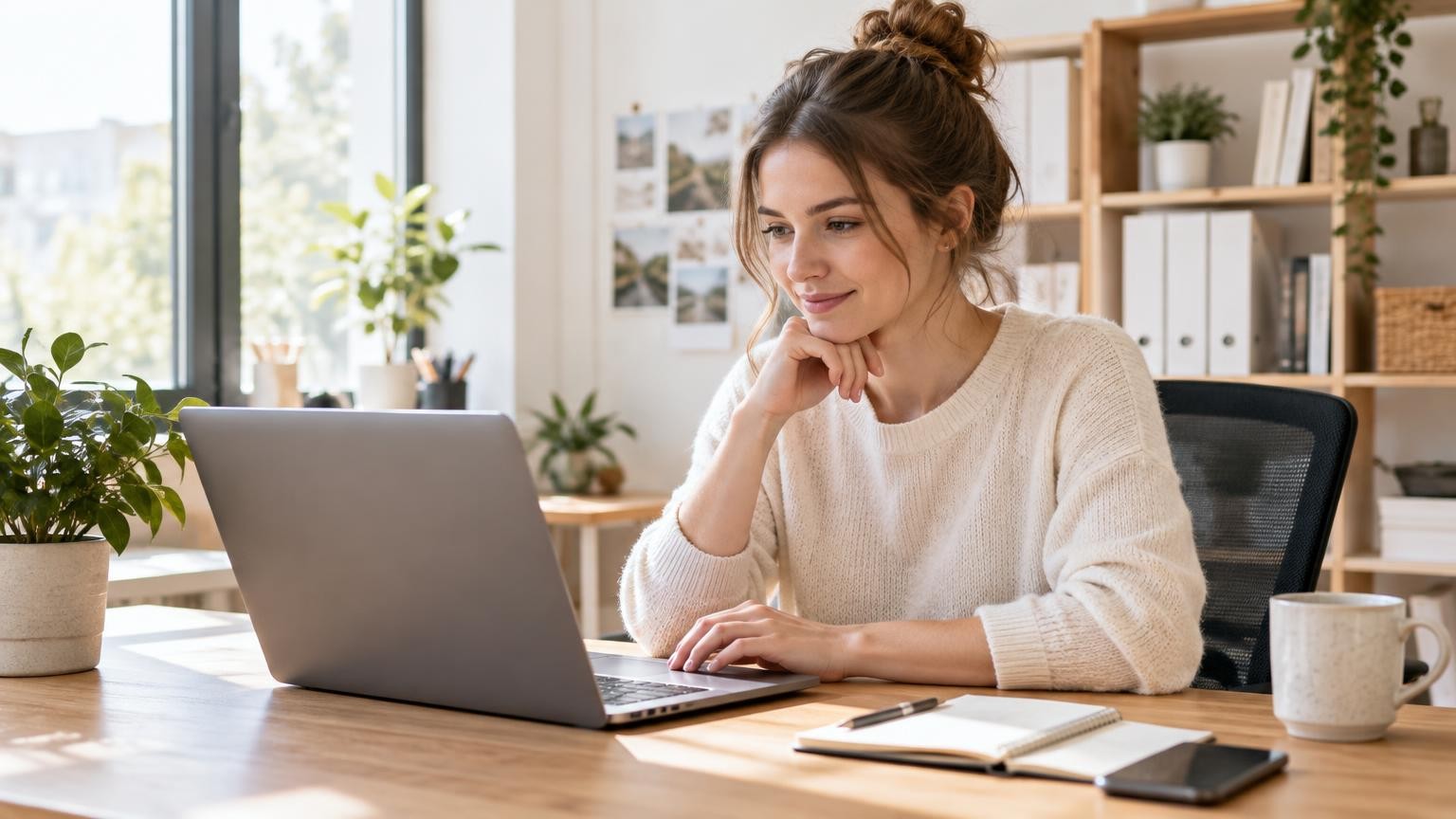 A young employee calmly checks page addresses on a laptop at a desk in a bright small office
