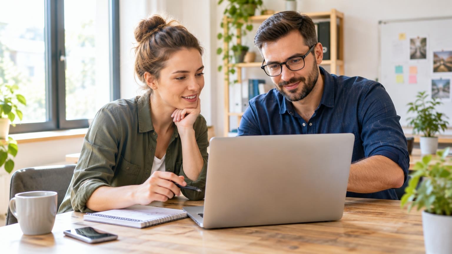 Two colleagues at a small firm calmly discuss a draft reply on a laptop at a table in a bright office