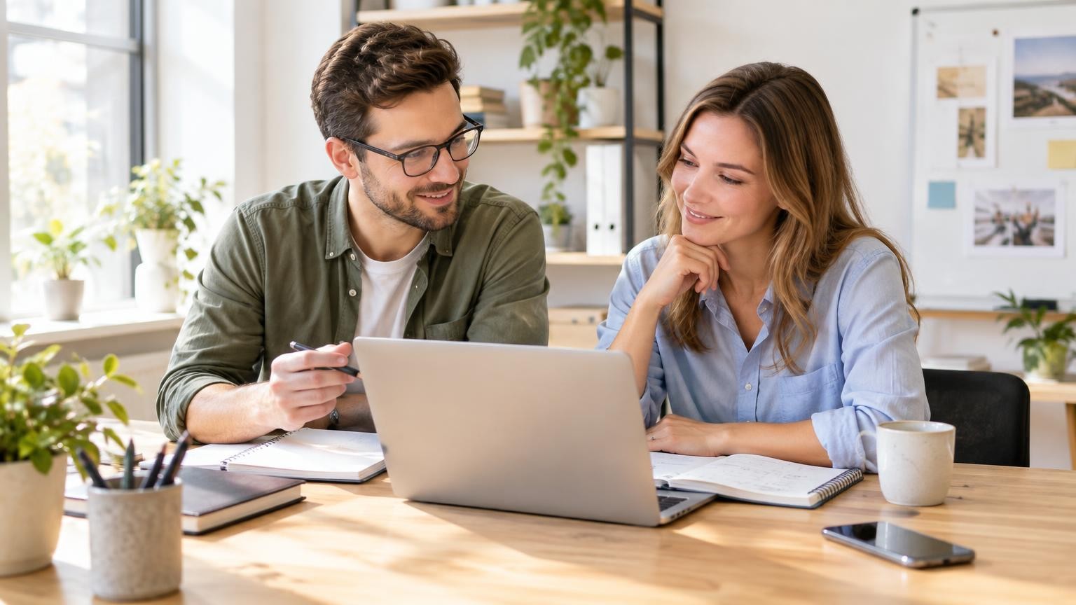 Two colleagues discuss an article plan at a laptop and notepads in a bright small business office, both calm and satisfied
