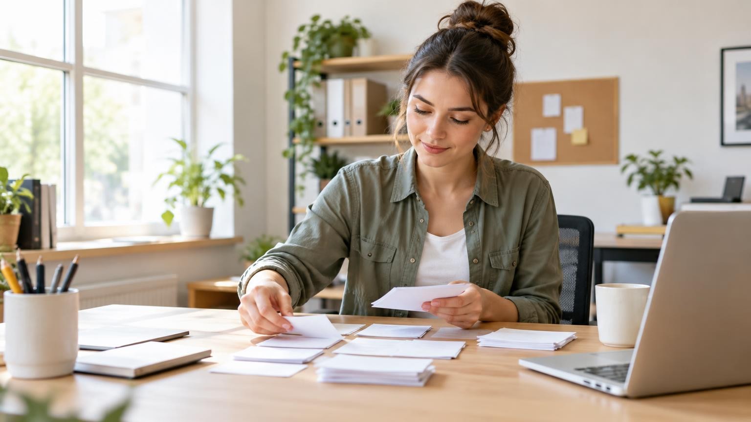 A young team member sorts question cards at a desk in a bright office of a small firm, calm and focused