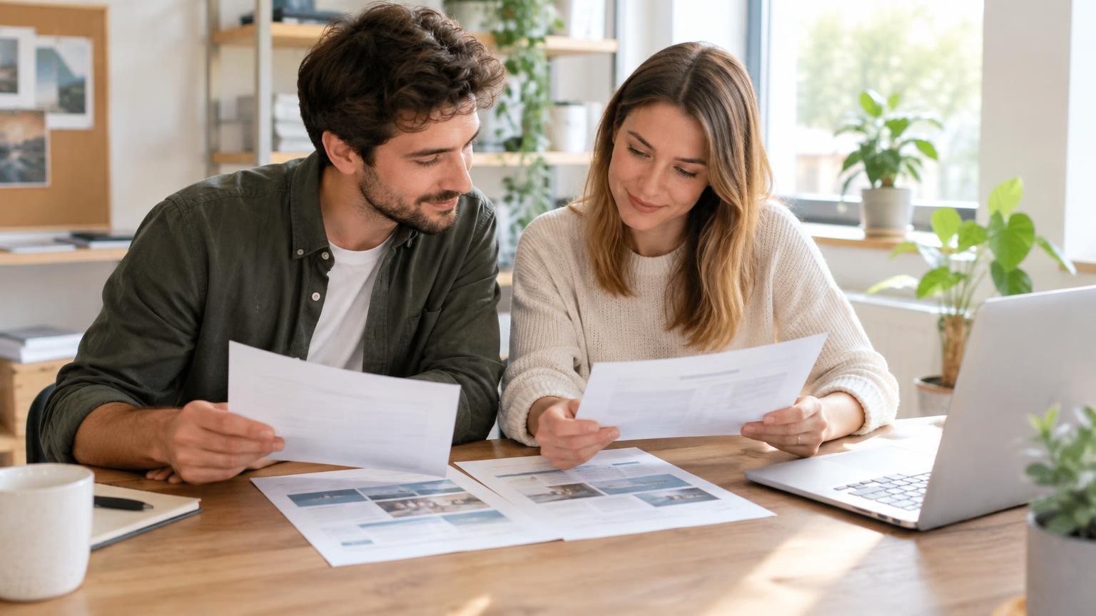 Two young colleagues calmly compare printouts of service descriptions at a table in a bright small office