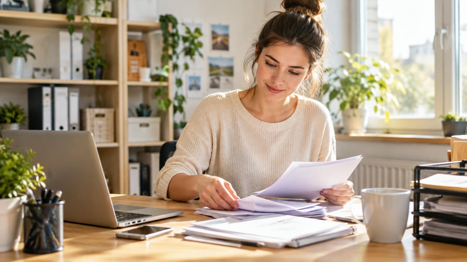 A young employee of a small firm organises messages and documents at her desk in a bright office, calm and focused