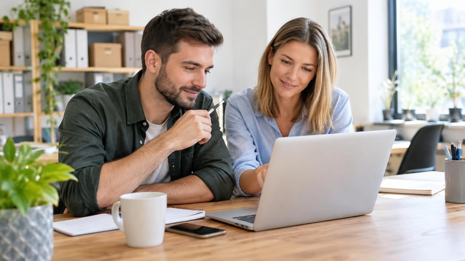 Two colleagues calmly check a draft response on a laptop at a table in a bright office of a small firm